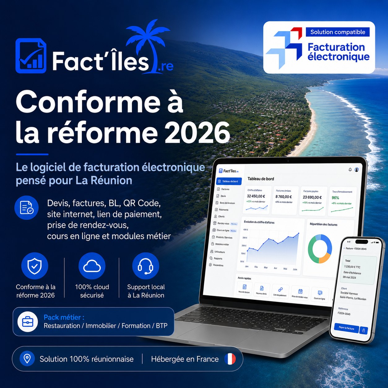 Fact'Îles — logiciel de facturation électronique conforme à la réforme 2026, pensé pour La Réunion : devis, factures, BL, QR Code, site internet, lien de paiement, prise de rendez-vous, cours en ligne et modules métier.